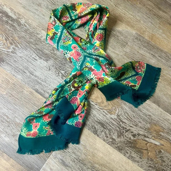Vintage Green Floral 100% Silk Rectangular Scarf With Fringe - Picture 2 of 7